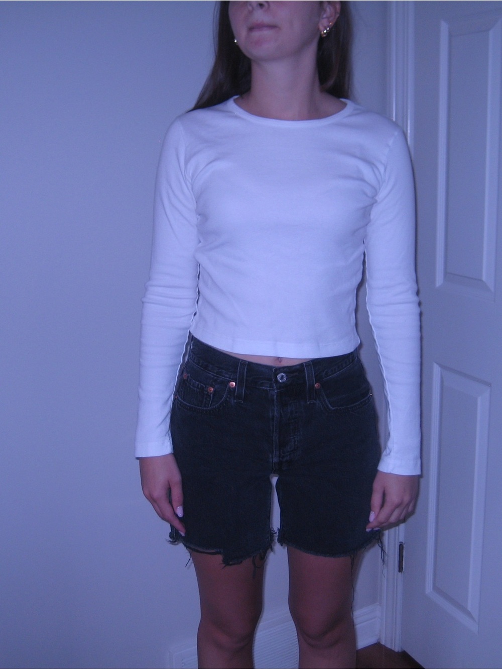 White Long-Sleeve Crewneck Women's Top cotton baby rib